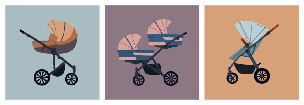 Set of different baby strollers. Modern baby carriages for twins and newborns. Hand drawn vector illustration isolated on colored background, flat cartoon style.