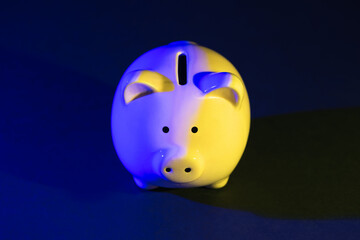 Piggy bank on a dark background with blue - yellow backlight. Ukrainian flag. Banking concept. Bright neon lights