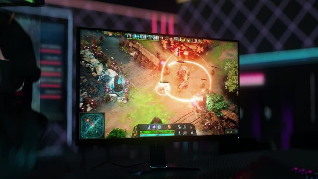 Computer Screen Displays Female Warrior Slaying Troll In Moba Game Tournament Match. Video Games Animation. Online Esports Tournament Match. Characters Casting Spells. Gaming Tournament Match. PC