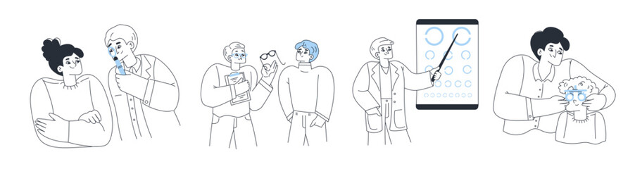 Doctor ophthalmologist check patients vision with eye test chart and glasses. Concept of eyesight health, optometry, sight exam, vector doodle illustration isolated on white background