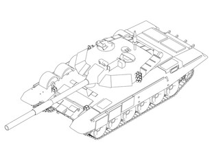Outline of a battle tank from black lines isolated on a white background. Isometric view. 3D. Vector illustration.