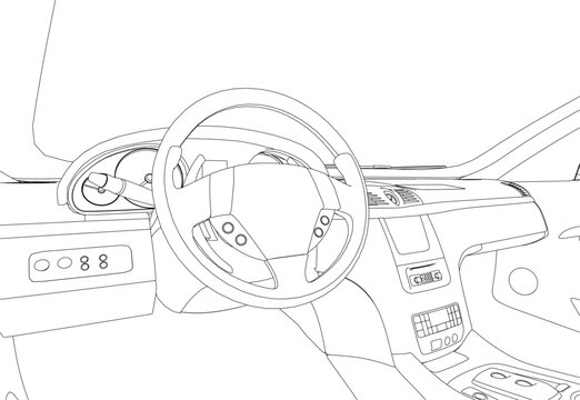 The contour of the car interior inside from black lines isolated on a white background. View from the front seat. 3D. Vector illustration.