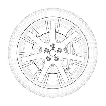 recommend clip art: Outline of a car wheel from black lines isolated on a white background. Side view. 3D. vector illustration.