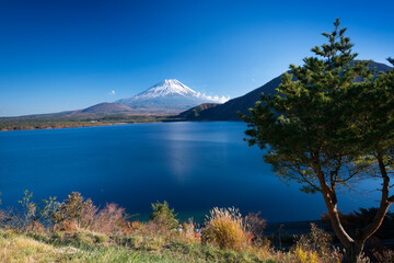 紅葉の本栖湖と冠雪した富士山