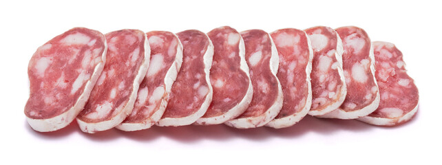 Spanish Fuet thin dried salami sausage isolated on a white background