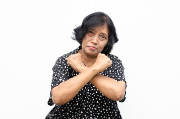 Portrait of happy ecstatic senior asian woman in overjoyed,surprised and shocked expression