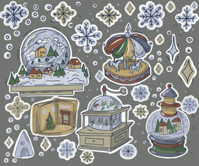 Fototapeta na wymiar snow christmas winter fairy tale houses forest cozy holiday mood illustration hand drawn greeting card new year holidays stars