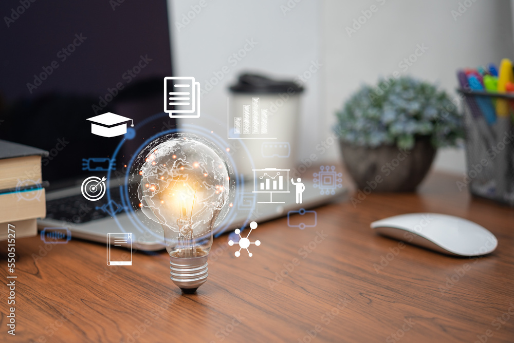Poster bright lightbulb glowing with learning icons for study knowledge to creative thinking idea. business