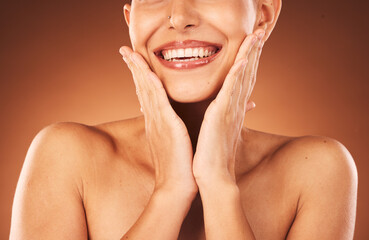 Beauty, skincare and teeth, woman hands touching face for facial and cosmetics against studio...