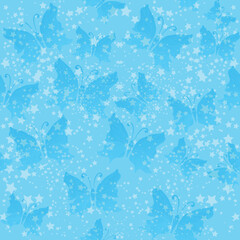 Delicate vector seamless pattern with blue translucent butterflies and stars. vector image
