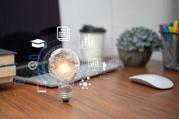 Bright lightbulb glowing with learning icons for study knowledge to creative thinking idea. Business success idea of learning, planning or working. Education solution or training skill concept.