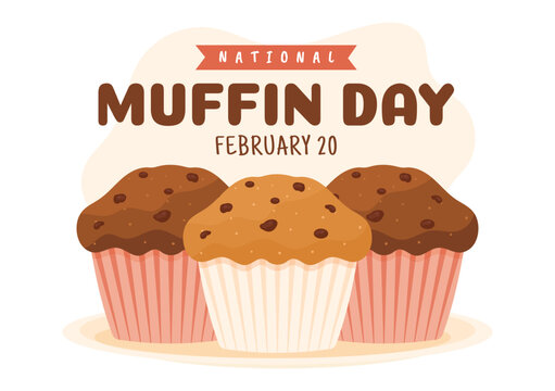 National Muffin Day on February 20th with Chocolate Chip Food Classic Muffins Delicious in Flat Cartoon Hand Drawn Template Illustration