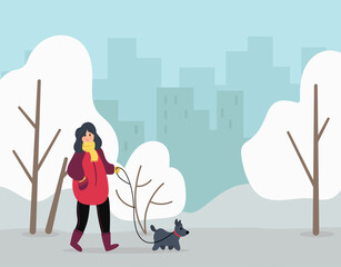 Walk Your Dog Month. The girl is walking her dog. Flat style. Vector illustration.	