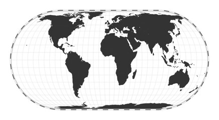Vector world map. Eckert IV projection. Plan world geographical map with latitude/longitude lines. Centered to 0deg longitude. Vector illustration.