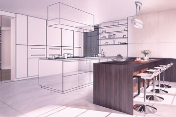 Obraz premium Entwurf einer modernen Luxus-Küche - 3D Visualisierung