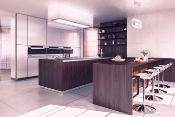 Obraz premium Moderne Luxus-Küche mit Kochinsel und Innenausstattung - 3D Visualisierung