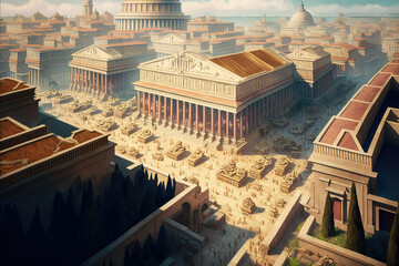AI generated image of aerial view of ancient Rome with palaces, temples, gardens, roads, markets, chariots and people walking around