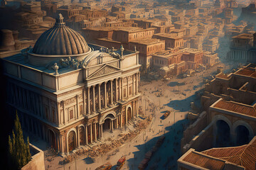 AI generated image of aerial view of ancient Rome with palaces, temples, gardens, roads, markets, chariots and people walking around