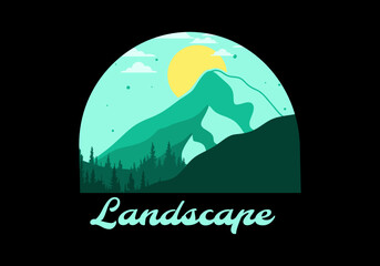 landscape illustration of three big mountains among the pine forest