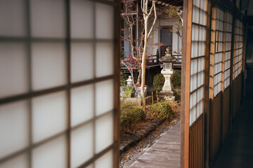 Japanese garden temple with paper doors