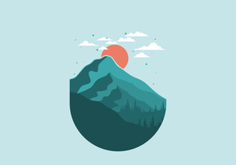 landscape illustration of three big mountains among the pine forest