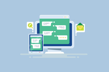 Chat software application window on computer and mobile screen, digital communication technology call and message concept.