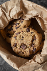 Chocolate chip cookies in a brown paper bag. Eco friendly recycling packaging