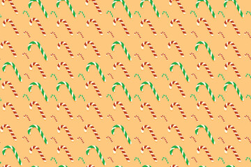 Candy cane seamless pattern. Caramel stick, lollipop illustration in doodle style. Hand drawn candy can with snowflakes and stars. Isolated on white. Christmas decoration