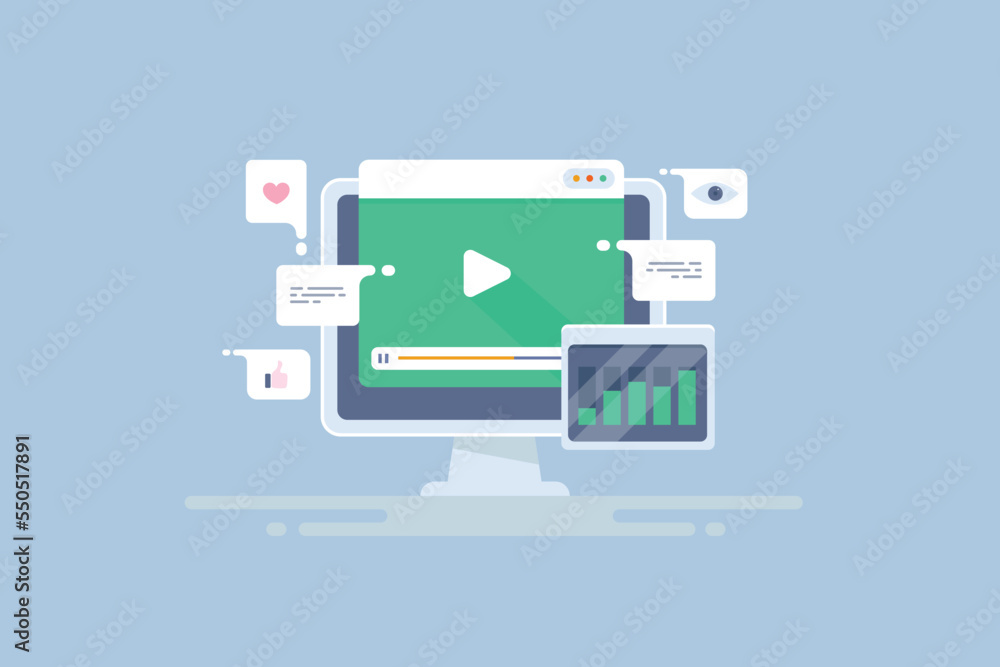 Poster video content on desktop screen, dashboard interface showing increasing web traffic and social engag