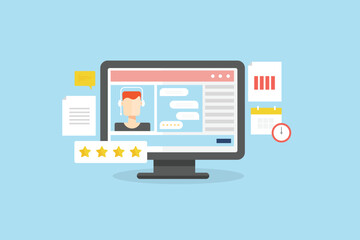 Company representative on video call computer screen, assisting customer with technical support and service banner concept.