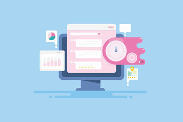 Flat design vector illustration of SEO website loading speed testing, graph on dashboard, code development.