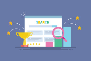 SEO success concept, increasing website traffic graph and high ranking on search results with magnifier and trophy concept. - obrazy, fototapety, plakaty