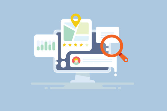 Business location map with customer rating and review appears on search engine page, local seo marketing concept.