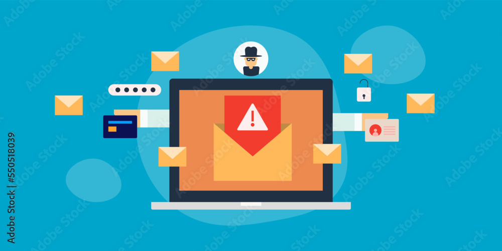 Poster email phishing attack warning email letter on laptop screen, hacker unauthorised access to personal 