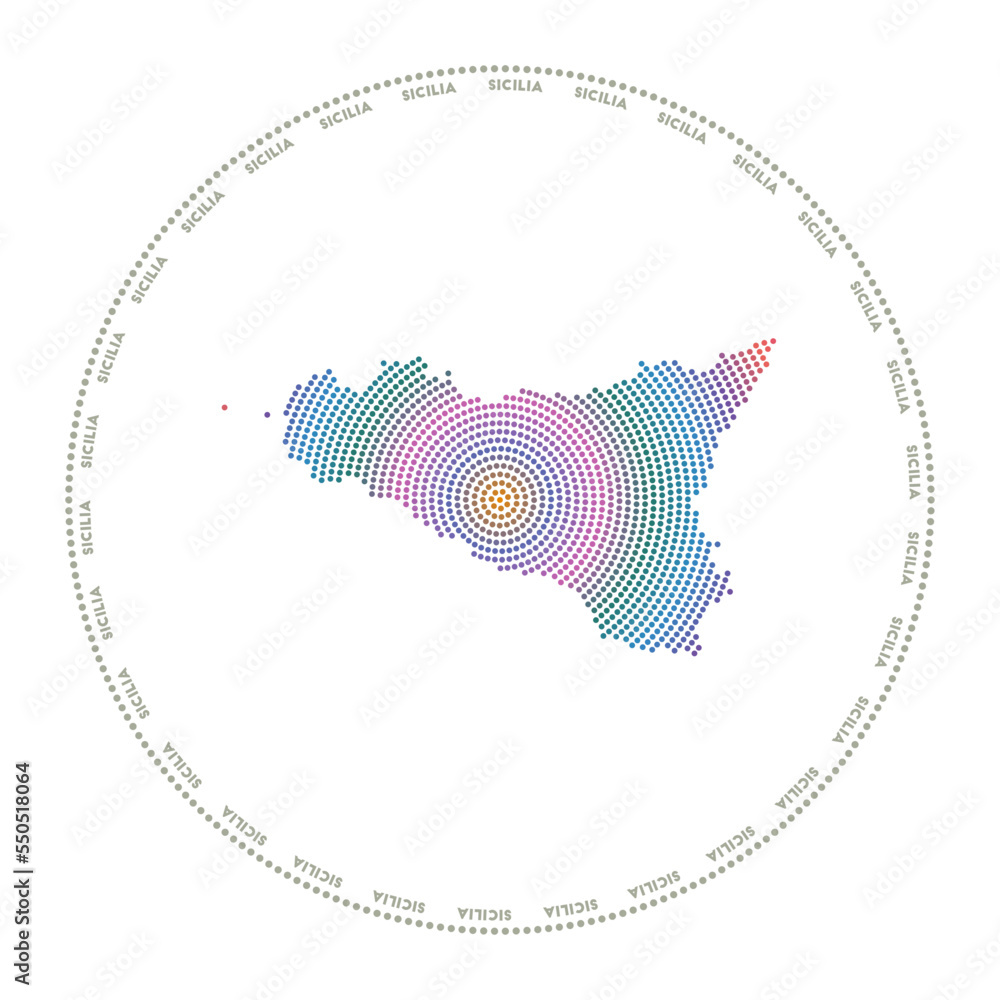 Poster sicilia round logo. digital style shape of sicily in a dotted circle with the island's name. tech ic