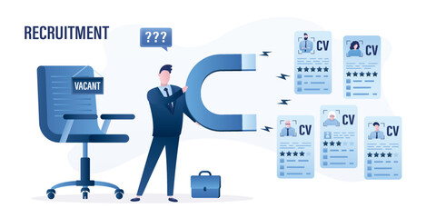 HR agent or boss uses magnet and attract resume of job seekers. Interview, recruitment, hiring process. Various cv of applicants. Search for new staff, employment concept. Office vacant chair.