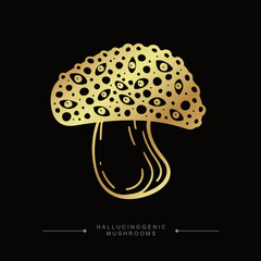 Fly agaric gold sticker. Hand drawn toadstool concept. Golden drawing of a fly agaric psilocybin mushroom. Toxic magical hallucinogenic mushroom. Vector illustration