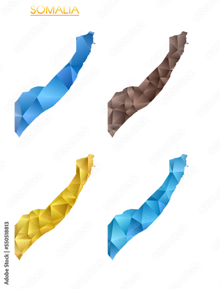 Poster set of vector polygonal maps of somalia. bright gradient map of the country in a low poly style. mul