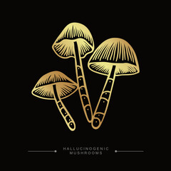 A group of three golden toxic magical hallucinogenic mushrooms. Golden drawing sticker of psilocybin mushrooms. Hand drawn toadstool concept. Vector illustration