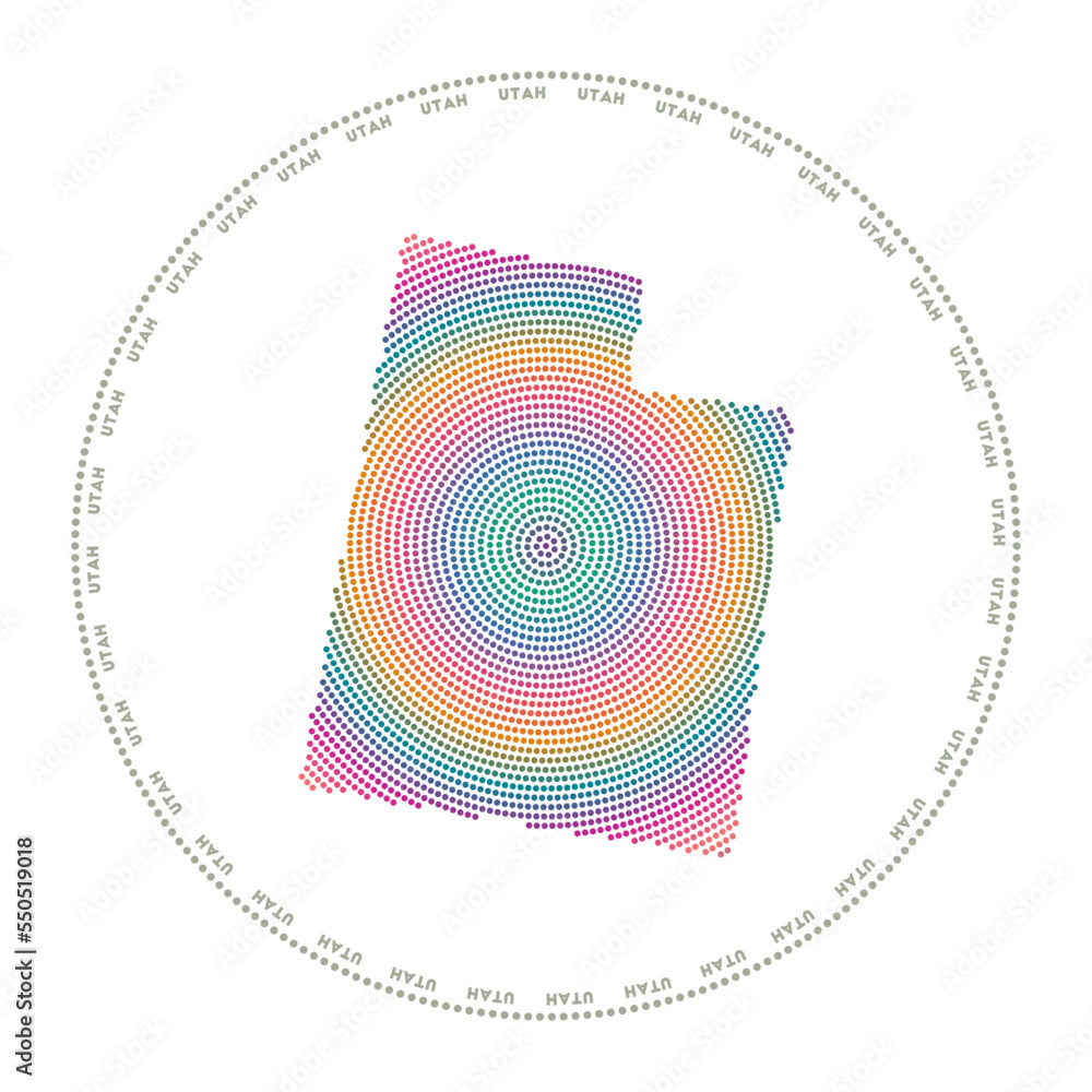 Poster utah round logo. digital style shape of utah in dotted circle with us state name. tech icon of the u