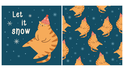 Vector set for New Year's design. Red fat cat in a winter hat discontentedly looking at the snow. Let it snow. Postcard, print and seamless pattern