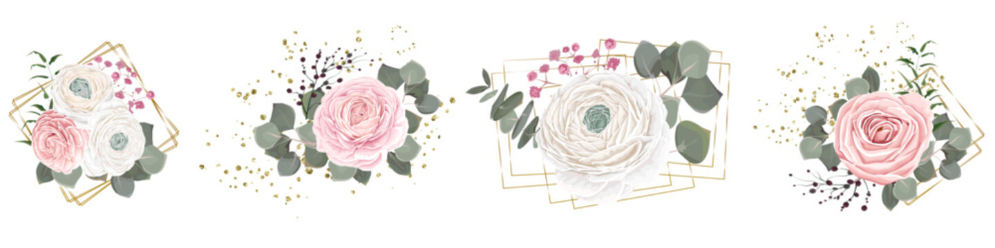 Collection of floral arrangements on a white background. White and pink roses, ranunculus, eucalyptus, gypsophila, gold sequins, glitter, gold geometric shapes 