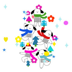  happy new year dog have red, green, pink, blue, flower, Christmas tree, star