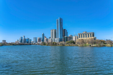 Scenic city skyline in Austin Texas with Colorado River and luxury apartments