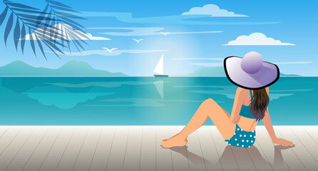 luxury travel holiday young woman holiday on vacation banner.sun hat and bikini dress woman relaxing sea view.