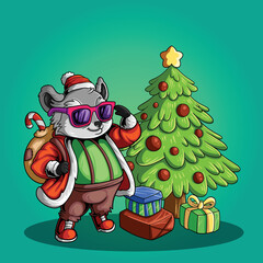 Raccoon Christmas cartoon with glasses and gifts