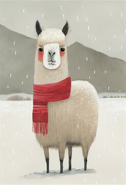 Cute  Baby Llama Wearing Red Christmas Scarf In The Snow, Concept Art Illustration 