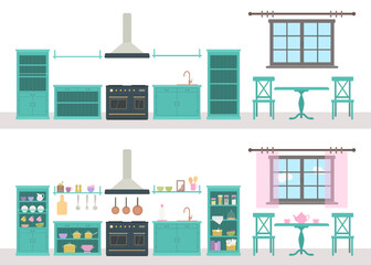 Blue kitchen in Provence style is empty and with utensils. Rustic interior concept. Wooden furniture. Cartoon flat style. Vector illustration
