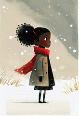 cute girl young teen  wearing red Christmas scarf in the snow, concept art illustration  - 550521248