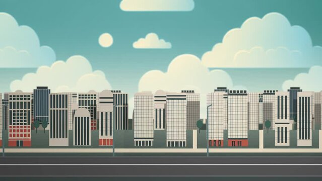 Flat cartoon cityscape parallax animation